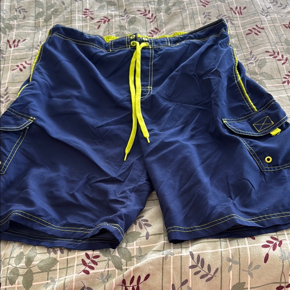 Navy Blue Swim Shorts with Neon Yellow Accents